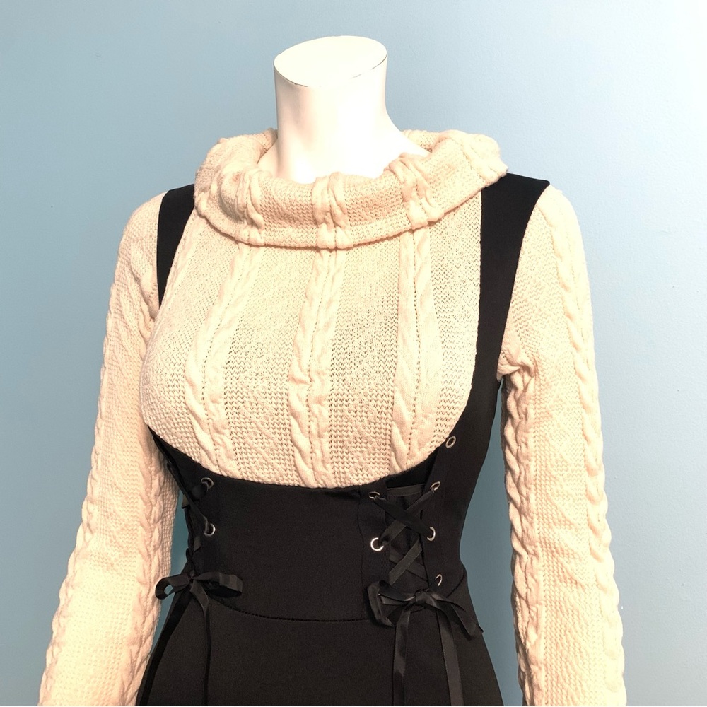 Women’s Black Midi Dress with Cream Cable Knit Sweater Layer